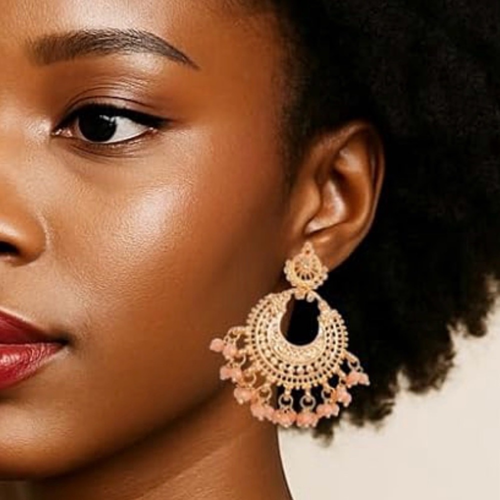 Bollywood Inspired Touchstone Statement Gold Plated Chandelier Earrings - Picture 3 of 6